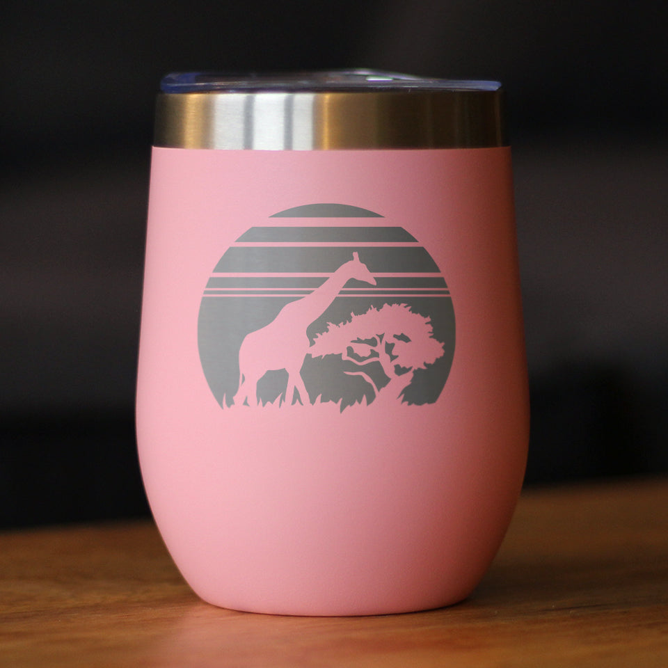 Giraffe Sunset - Wine Tumbler Glass with Sliding Lid - Stainless Steel Insulated Mug - Unique Safari Gifts for Women and Men
