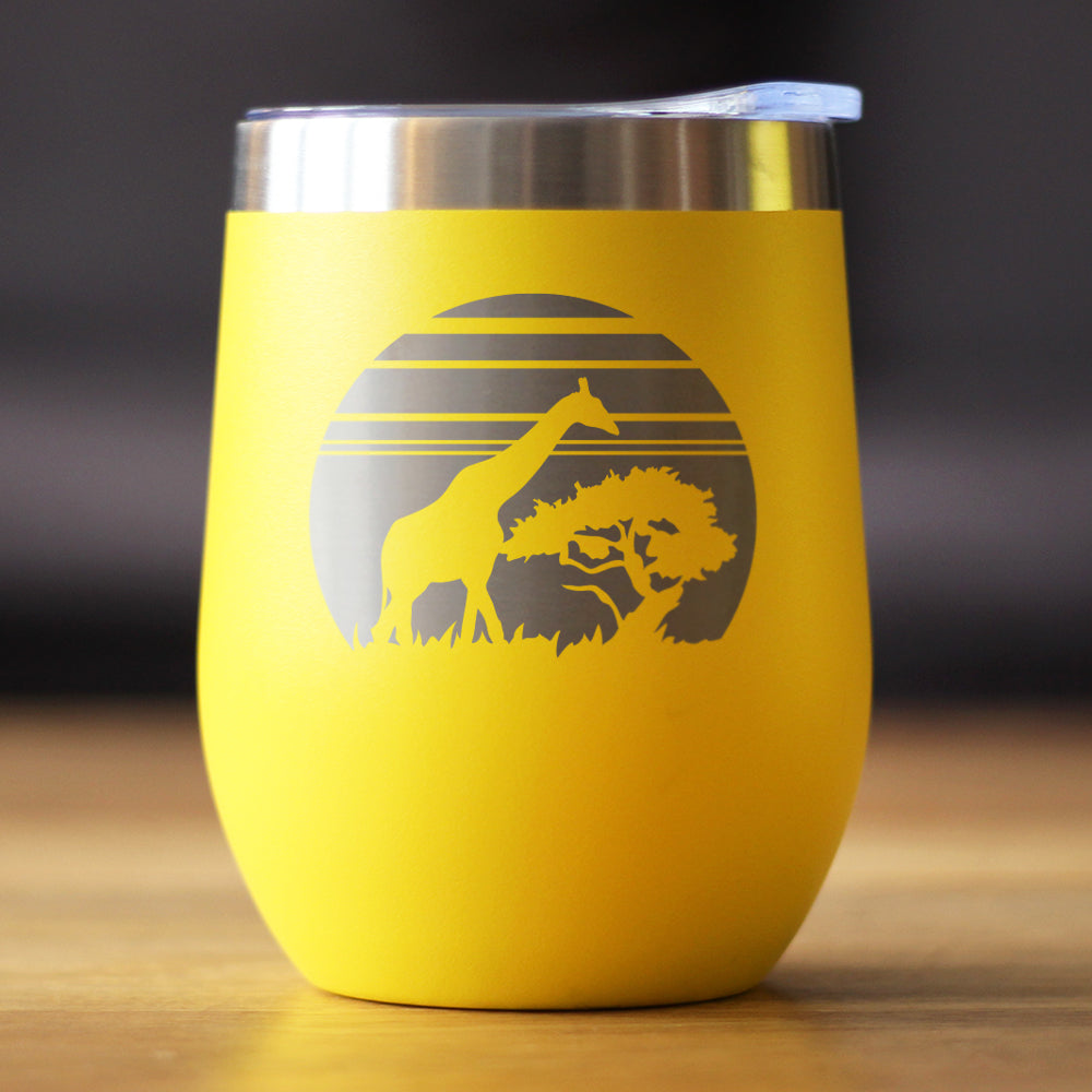 Giraffe Sunset - Wine Tumbler Glass with Sliding Lid - Stainless Steel Insulated Mug - Unique Safari Gifts for Women and Men