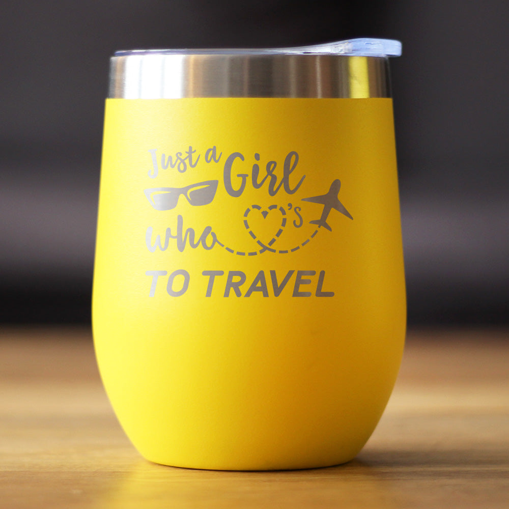 Girl Who Loves Travel - Wine Tumbler Cup with Sliding Lid - Stainless Steel Insulated Mug - Gifts for Travelers Women