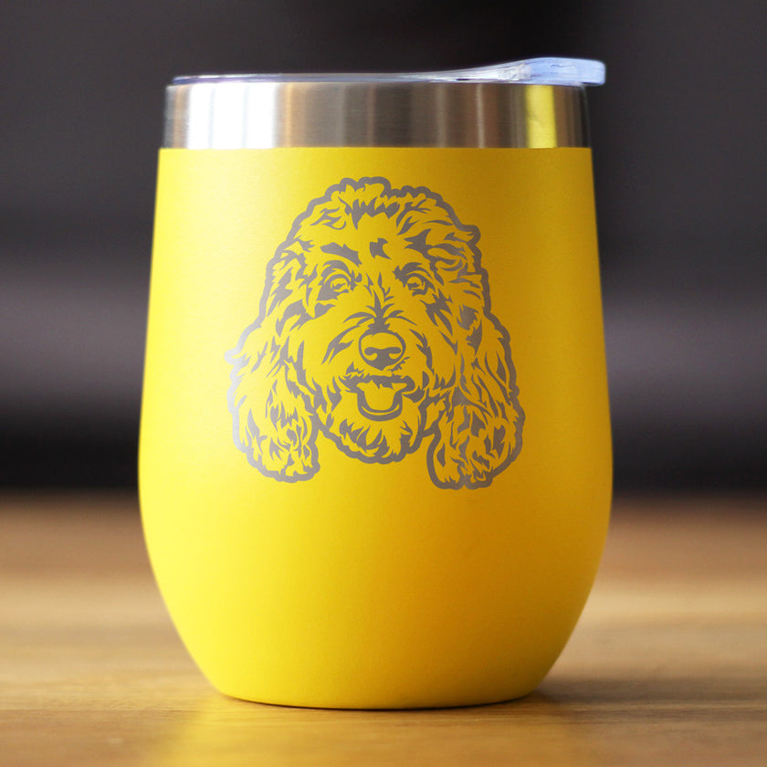 Golden Doodle Face - Wine Tumbler Cup with Sliding Lid - Stainless Steel Insulated Mug - Goldendoodle Gifts for Women & Men