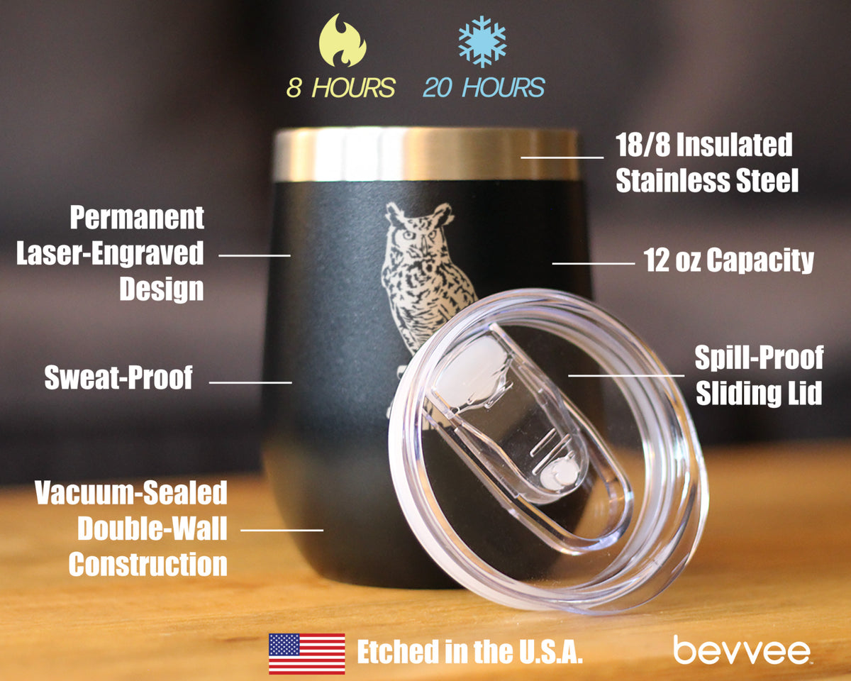 Great Horned Owl Insulated Wine Tumbler with Sliding Lid Owl Decor and Bird Lover Gifts 12oz Stainless Steel Tumbler