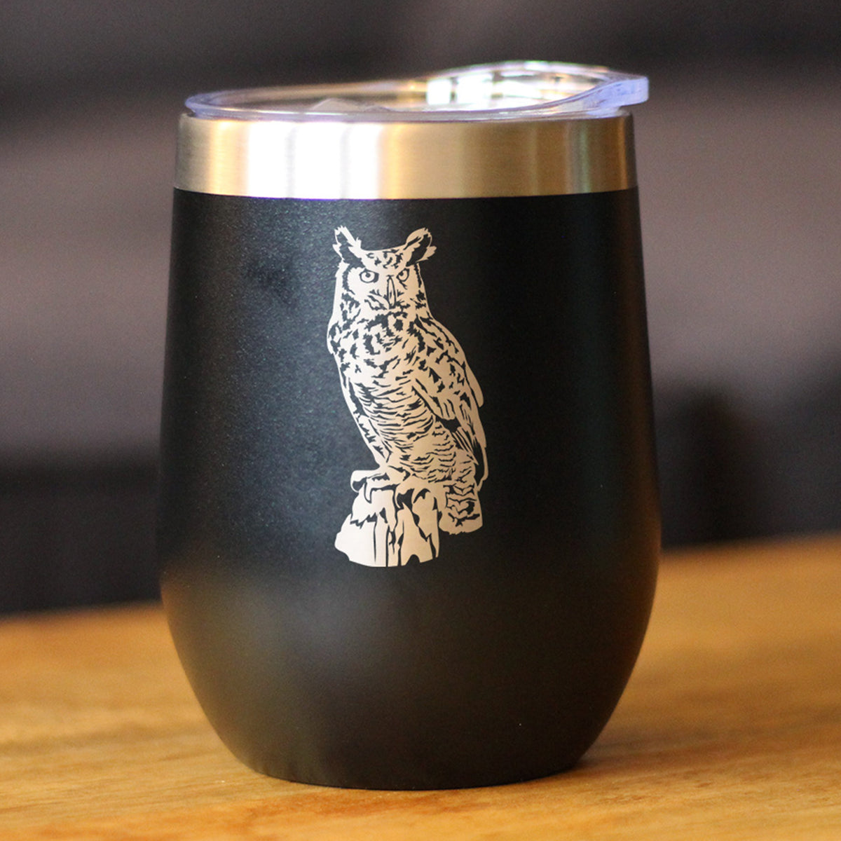 Great Horned Owl Insulated Wine Tumbler with Sliding Lid Owl Decor and Bird Lover Gifts 12oz Stainless Steel Tumbler