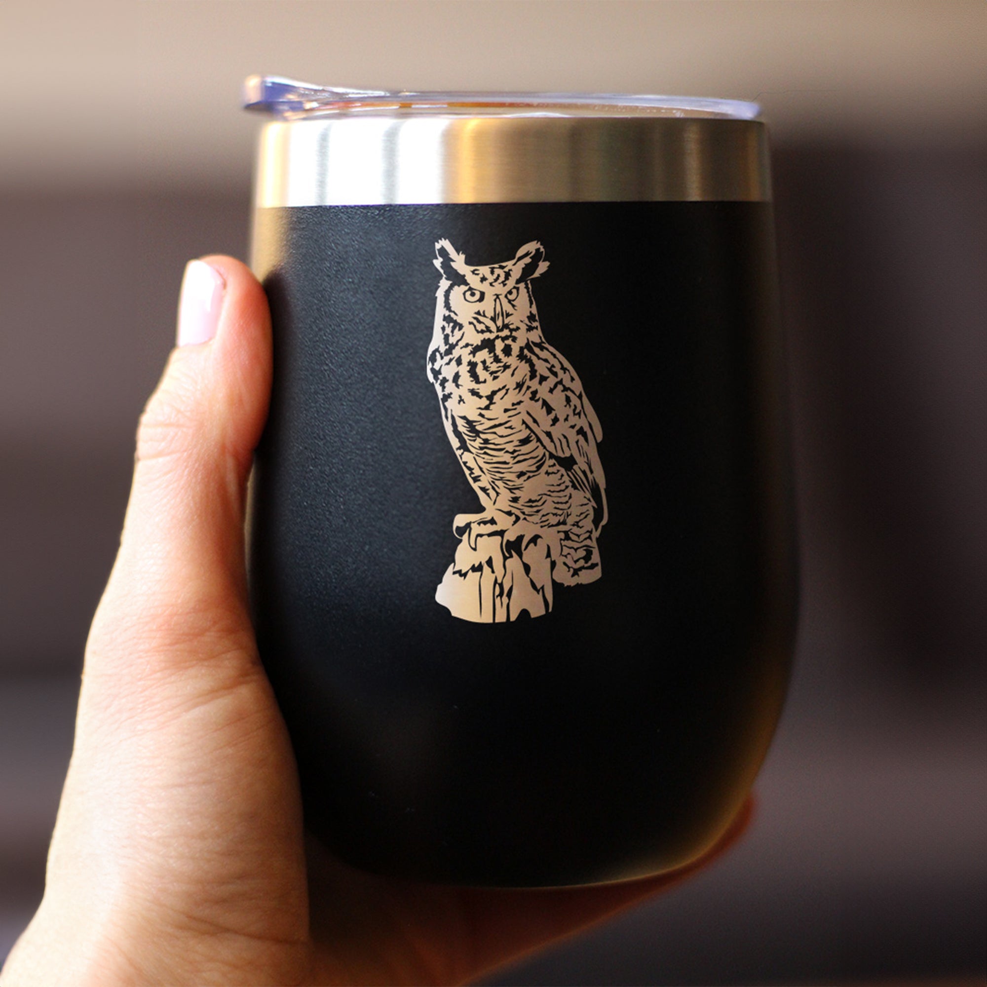 Great Horned Owl Insulated Wine Tumbler with Sliding Lid Owl Decor and Bird Lover Gifts 12oz Stainless Steel Tumbler