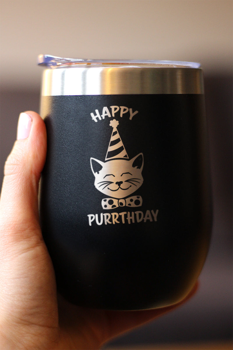 Happy Purrthday - Wine Tumbler Glass with Sliding Lid - Stainless Steel Insulated Mug - Unique Cat Birthday Gifts for Women and Men