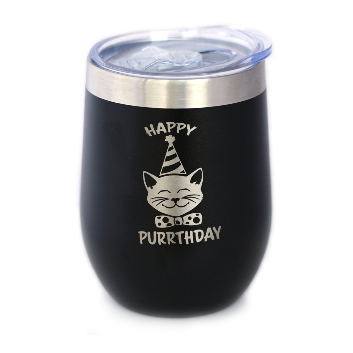 Happy Purrthday - Wine Tumbler Glass with Sliding Lid - Stainless Steel Insulated Mug - Unique Cat Birthday Gifts for Women and Men