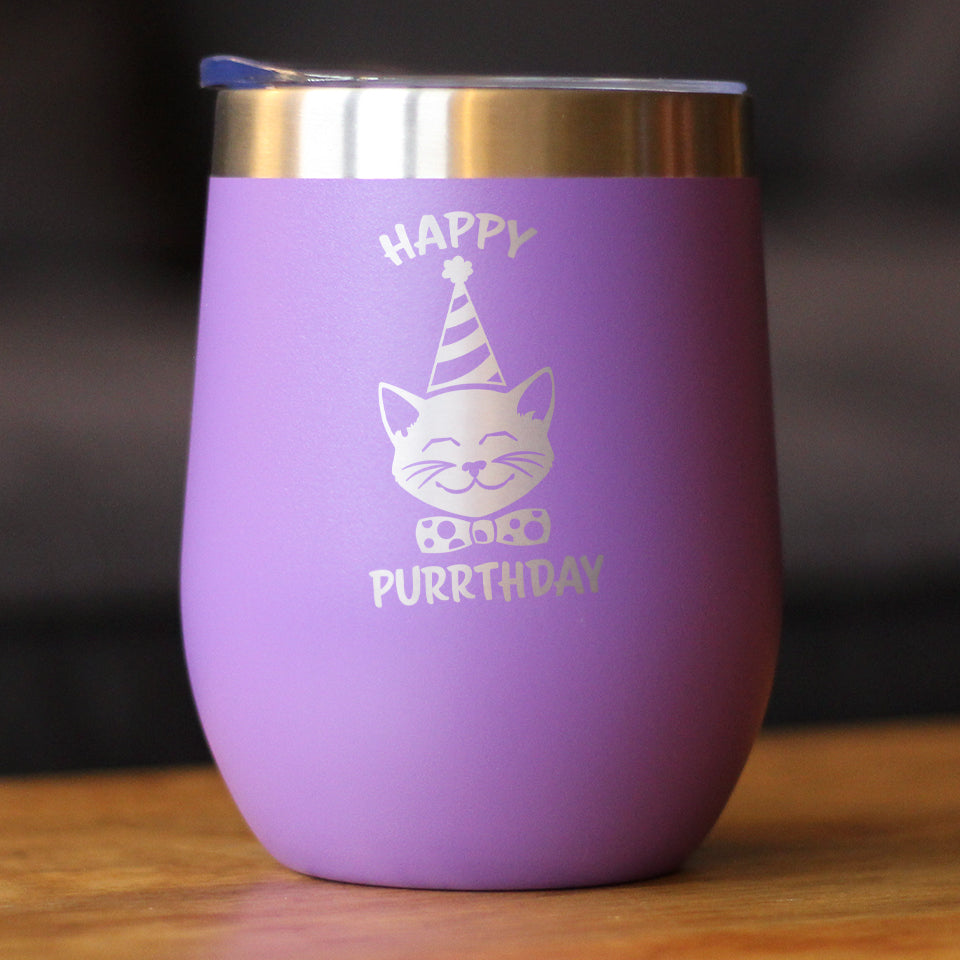Happy Purrthday - Wine Tumbler Glass with Sliding Lid - Stainless Steel Insulated Mug - Unique Cat Birthday Gifts for Women and Men