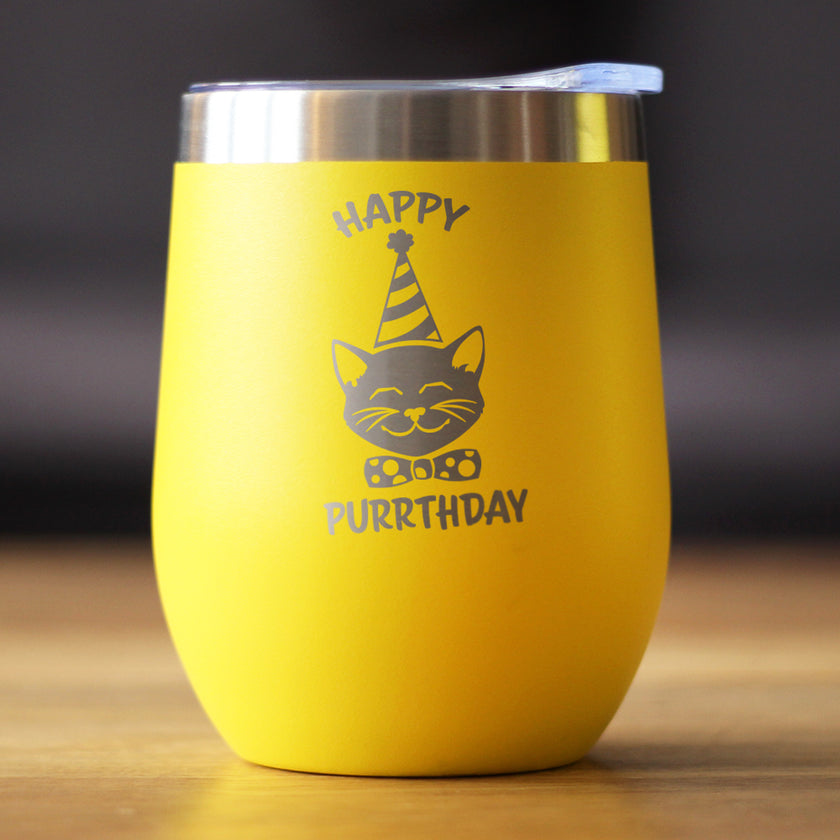 Happy Purrthday - Wine Tumbler Glass with Sliding Lid - Stainless Steel Insulated Mug - Unique Cat Birthday Gifts for Women and Men