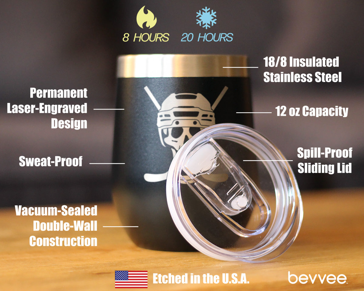 Hockey Skull Insulated Wine Tumbler with Sliding Lid Hockey Gifts for Coach or Players 12oz Stainless Steel Tumbler