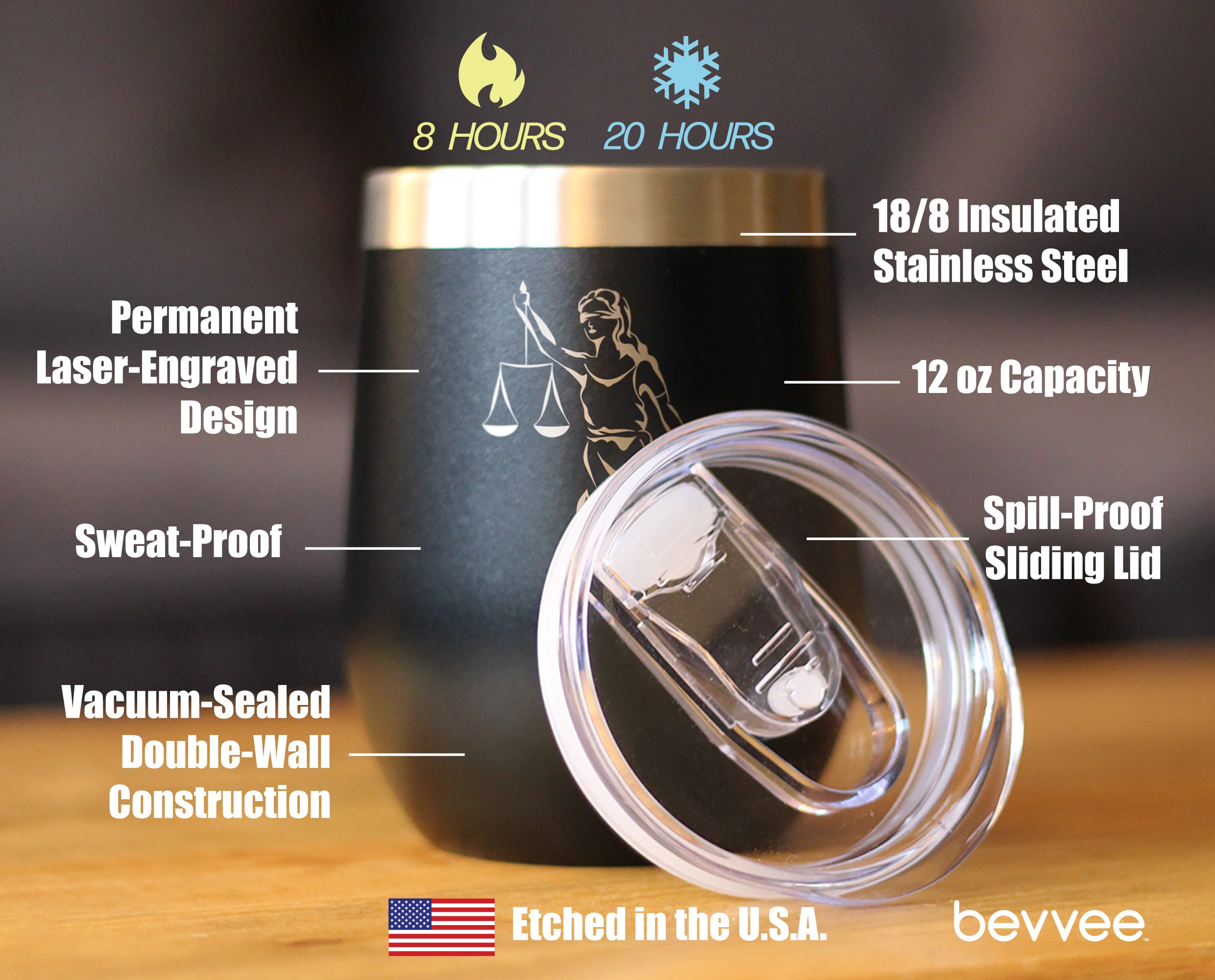Lady Justice - Wine Tumbler Glass with Sliding Lid - Stainless Steel Travel Mug - Unique Lawyer Gifts for Women and Men