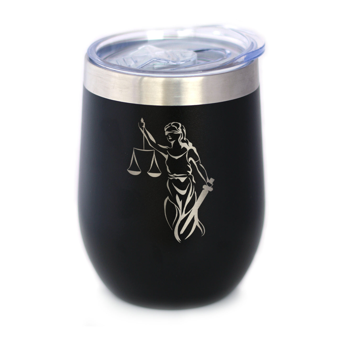 Lady Justice - Wine Tumbler Glass with Sliding Lid - Stainless Steel Travel Mug - Unique Lawyer Gifts for Women and Men