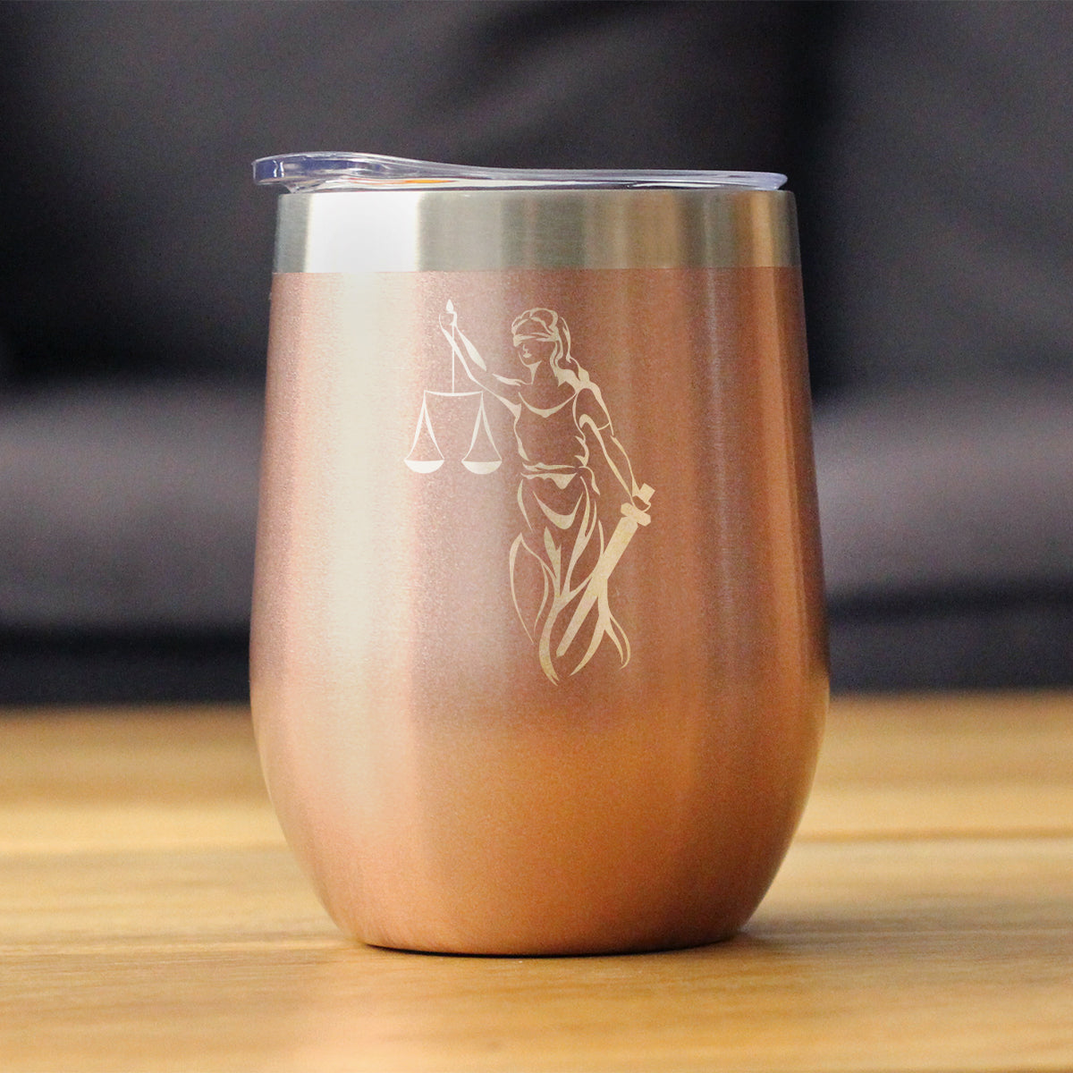 Lady Justice - Wine Tumbler Glass with Sliding Lid - Stainless Steel Travel Mug - Unique Lawyer Gifts for Women and Men