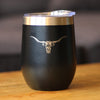 Longhorn - Wine Tumbler Glass with Sliding Lid - Stainless Steel Insulated Mug - Western Themed Farm Decor and Gifts for Texan Ranchers