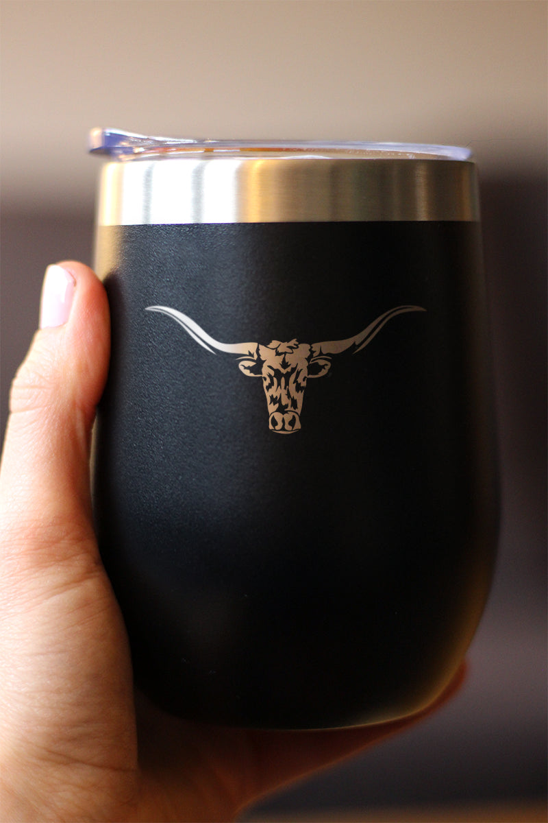 Longhorn - Wine Tumbler Glass with Sliding Lid - Stainless Steel Insulated Mug - Western Themed Farm Decor and Gifts for Texan Ranchers
