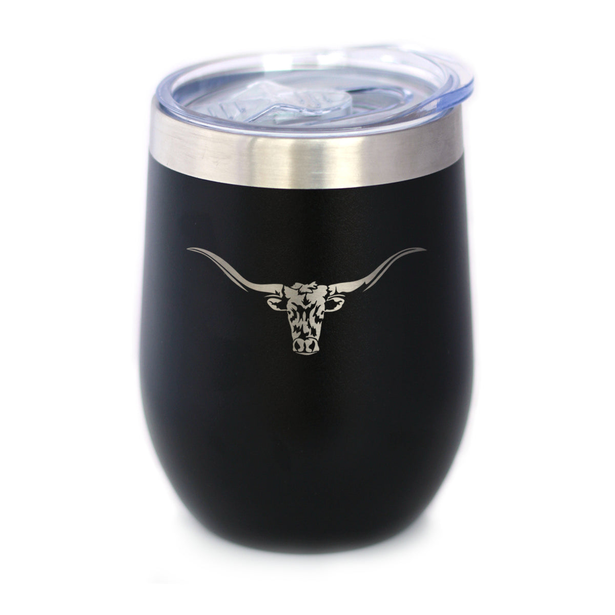 Longhorn - Wine Tumbler Glass with Sliding Lid - Stainless Steel Insulated Mug - Western Themed Farm Decor and Gifts for Texan Ranchers