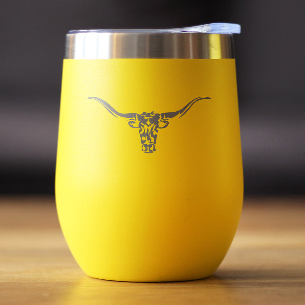 Longhorn - Wine Tumbler Glass with Sliding Lid - Stainless Steel Insulated Mug - Western Themed Farm Decor and Gifts for Texan Ranchers