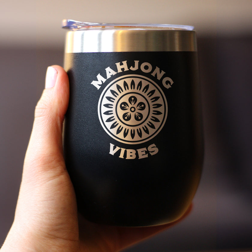 Mahjong Vibes - Insulated Wine Tumbler with Sliding Lid Themed Gifts for Mahjongers 12oz Stainless Steel Tumbler