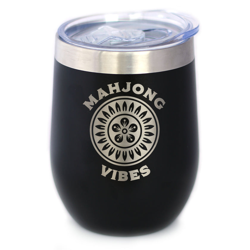 Mahjong Vibes - Insulated Wine Tumbler with Sliding Lid Themed Gifts for Mahjongers 12oz Stainless Steel Tumbler