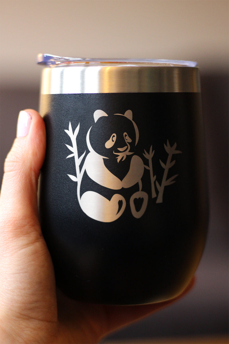 Panda - Wine Tumbler Glass with Sliding Lid - Stainless Steel Insulated Mug - Unique Panda Bear Gifts for Women and Men