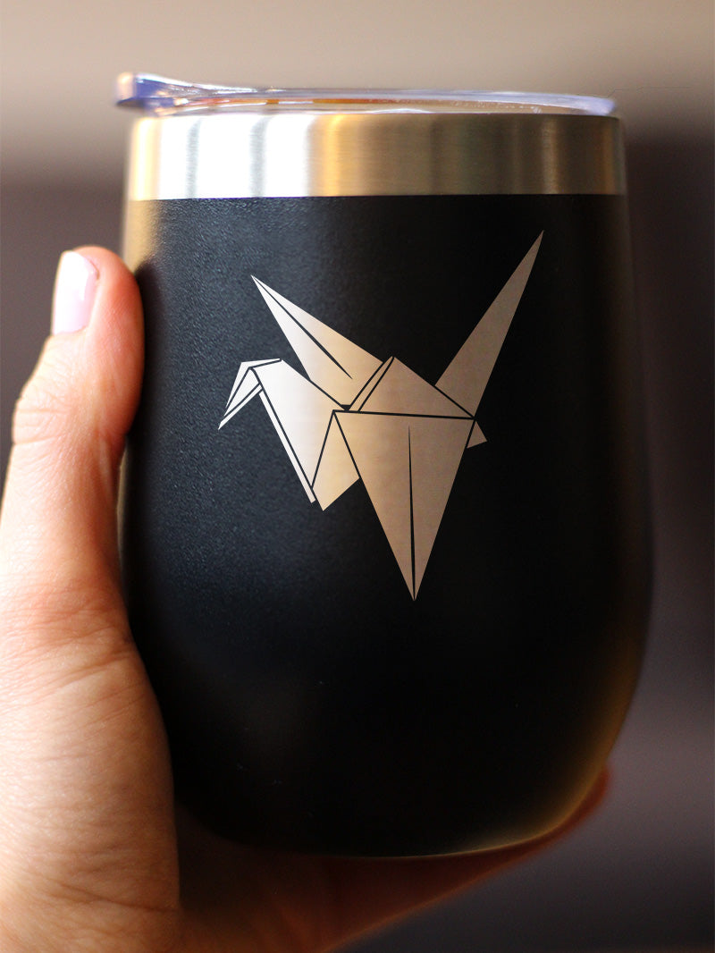Origami Paper Crane Insulated Wine Tumbler with Sliding Lid Japanese Decor and Gifts 12oz Stainless Steel Tumbler