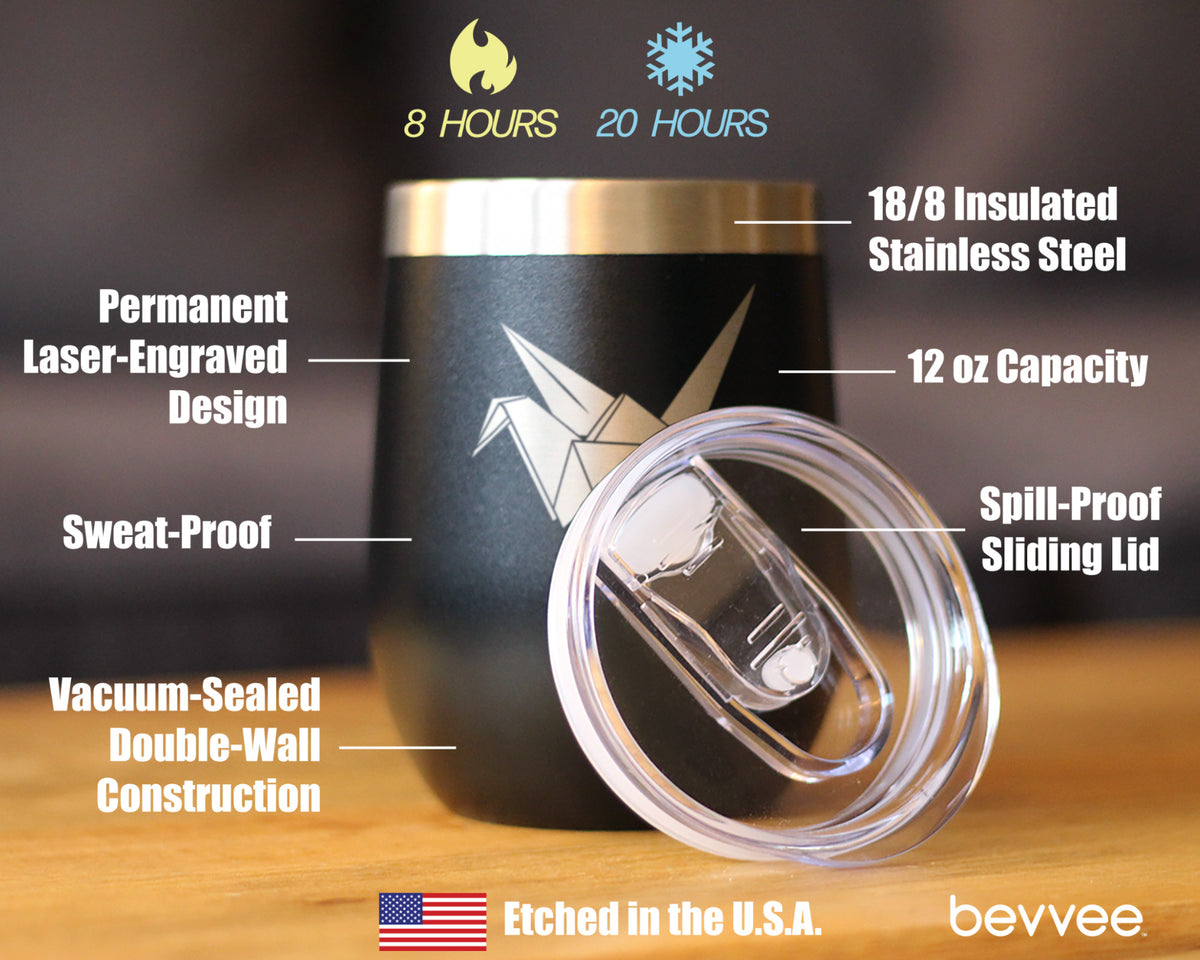 Origami Paper Crane Insulated Wine Tumbler with Sliding Lid Japanese Decor and Gifts 12oz Stainless Steel Tumbler