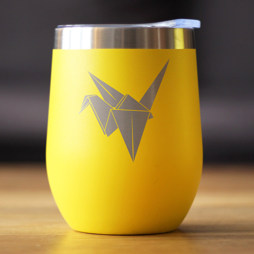 Origami Paper Crane Insulated Wine Tumbler with Sliding Lid Japanese Decor and Gifts 12oz Stainless Steel Tumbler