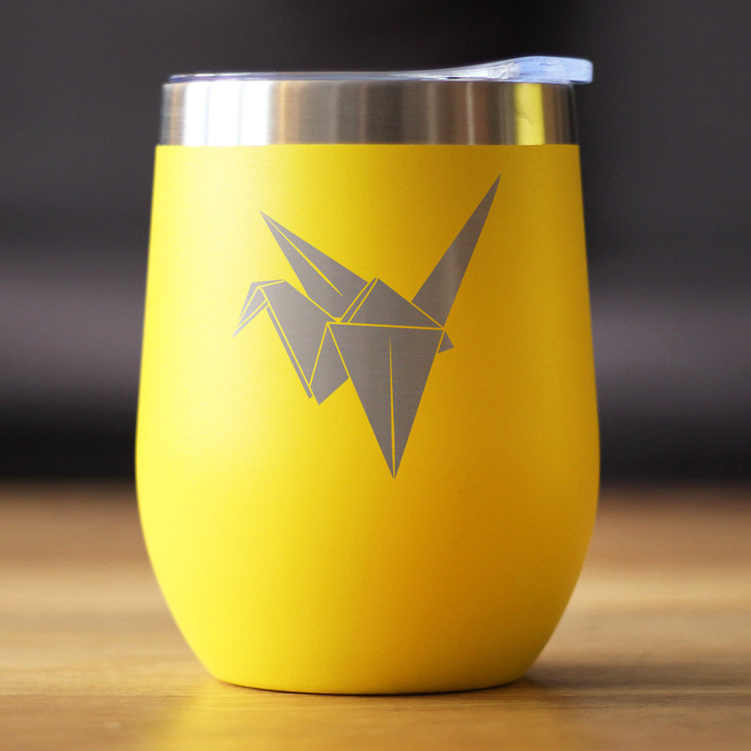 Origami Paper Crane Insulated Wine Tumbler with Sliding Lid Japanese Decor and Gifts 12oz Stainless Steel Tumbler