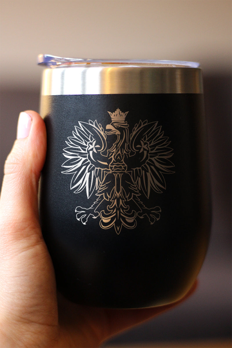 Polish Eagle - Wine Tumbler Glass with Sliding Lid - Stainless Steel Travel Mug - Poland Gifts or Party Decor for Polish Women and Men