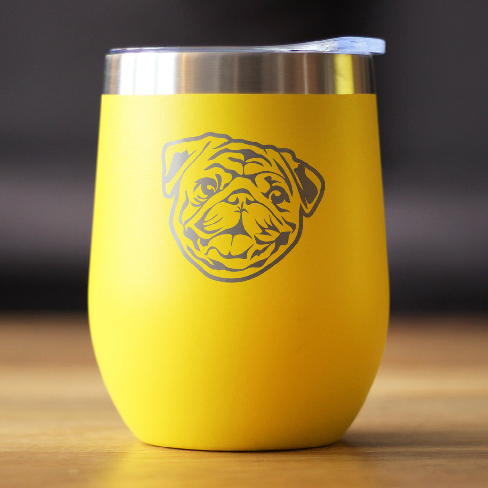 Pug - Wine Tumbler Glass with Sliding Lid - Stainless Steel Insulated Mug - Cute Pug Themed Gift for Men and Women