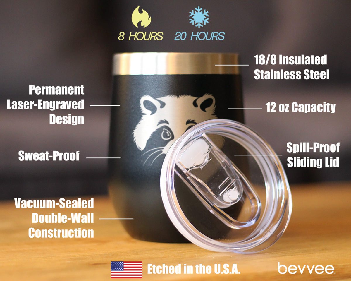 Raccoon Face - Wine Tumbler Cup with Sliding Lid - Stainless Steel Insulated Mug - Cute Raccoon Gifts for Animal Lovers