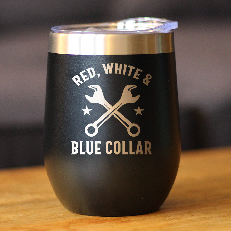 Red White & Blue Collar Insulated Wine Tumbler with Sliding Lid Gifts for Tradesmen, Manual Labor Workers 12oz Stainless Steel Tumbler