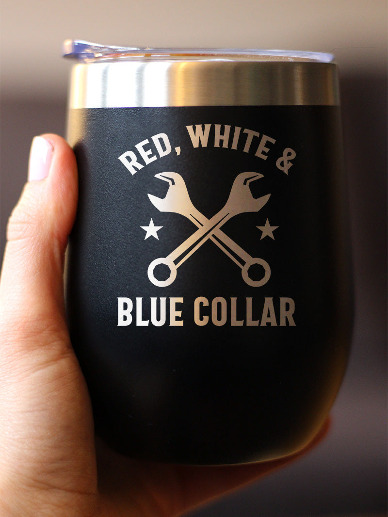 Red White &amp; Blue Collar Insulated Wine Tumbler with Sliding Lid Gifts for Tradesmen, Manual Labor Workers 12oz Stainless Steel Tumbler