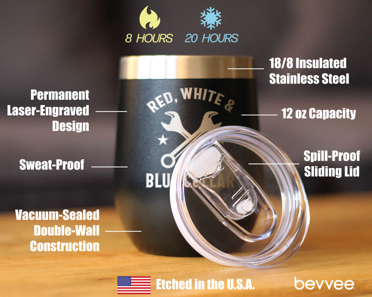 Red White &amp; Blue Collar Insulated Wine Tumbler with Sliding Lid Gifts for Tradesmen, Manual Labor Workers 12oz Stainless Steel Tumbler