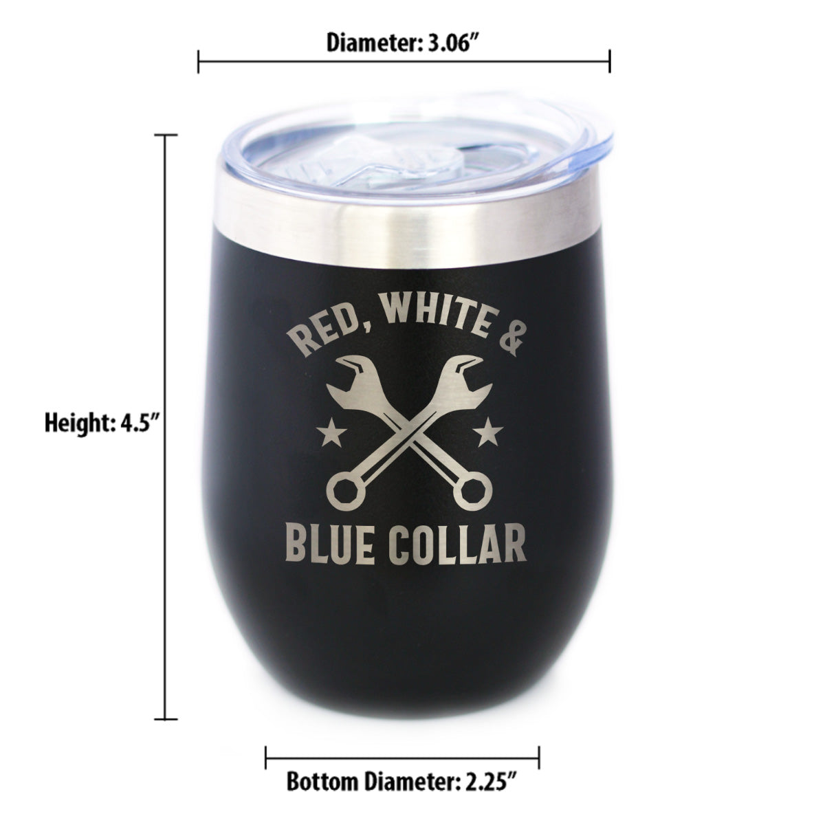 Red White &amp; Blue Collar Insulated Wine Tumbler with Sliding Lid Gifts for Tradesmen, Manual Labor Workers 12oz Stainless Steel Tumbler