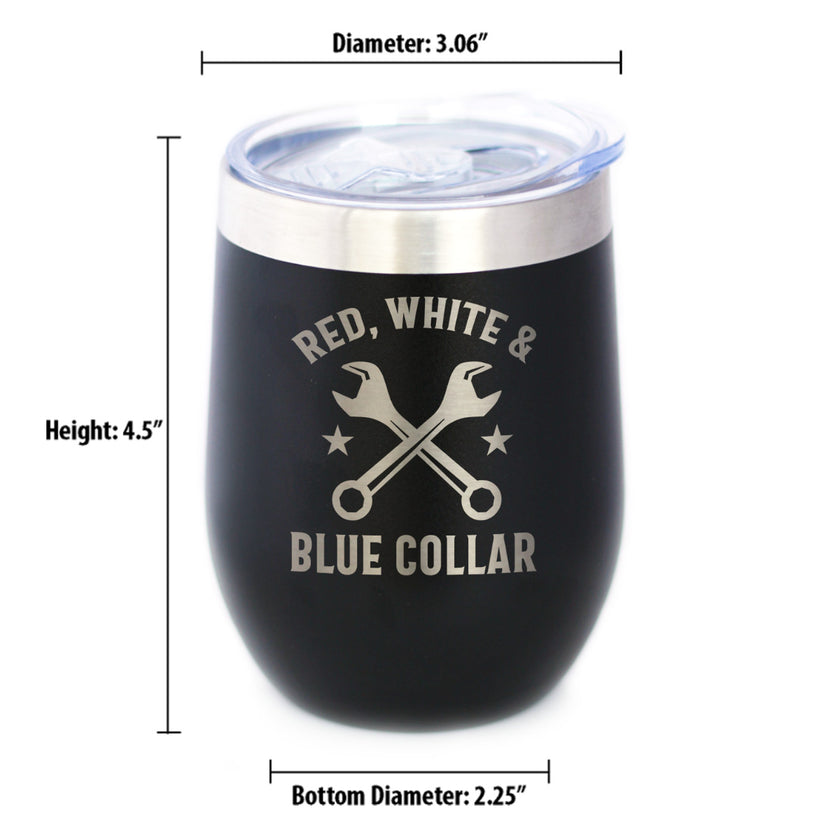 Red White & Blue Collar Insulated Wine Tumbler with Sliding Lid Gifts for Tradesmen, Manual Labor Workers 12oz Stainless Steel Tumbler