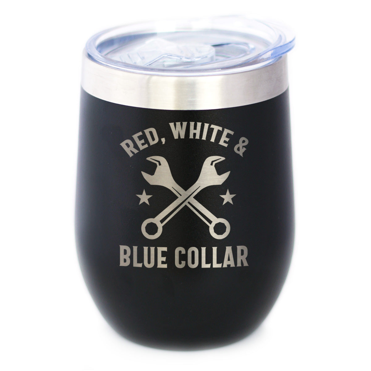 Red White &amp; Blue Collar Insulated Wine Tumbler with Sliding Lid Gifts for Tradesmen, Manual Labor Workers 12oz Stainless Steel Tumbler