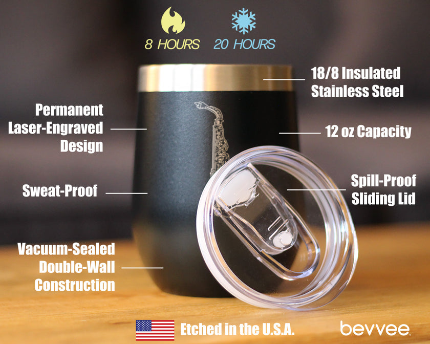 Saxophone Insulated Wine Tumbler with Sliding Lid Gifts for Musicians 12oz Stainless Steel Tumbler