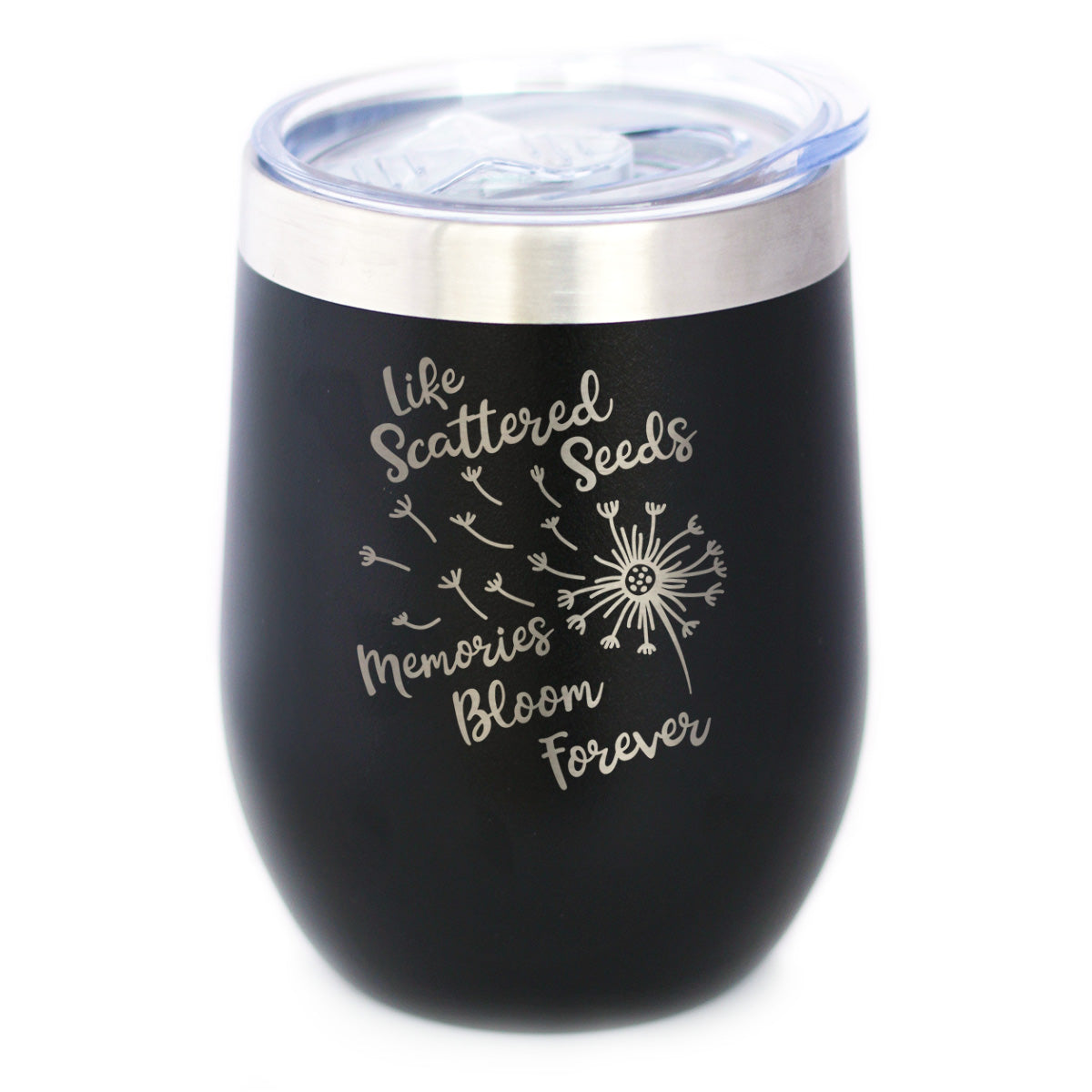 Memories Bloom Forever - Dandelion - Wine Tumbler Cup with Sliding Lid - Stainless Steel Insulated Mug - Bereavement Memorial Gifts for Loss of Loved One