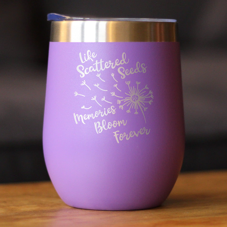 Memories Bloom Forever - Dandelion - Wine Tumbler Cup with Sliding Lid - Stainless Steel Insulated Mug - Bereavement Memorial Gifts for Loss of Loved One