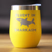 Fluent in Sharkasm - Funny Shark Wine Tumbler Glass with Sliding Lid - Stainless Steel Insulated Mug - Cute Shark Decor Gifts