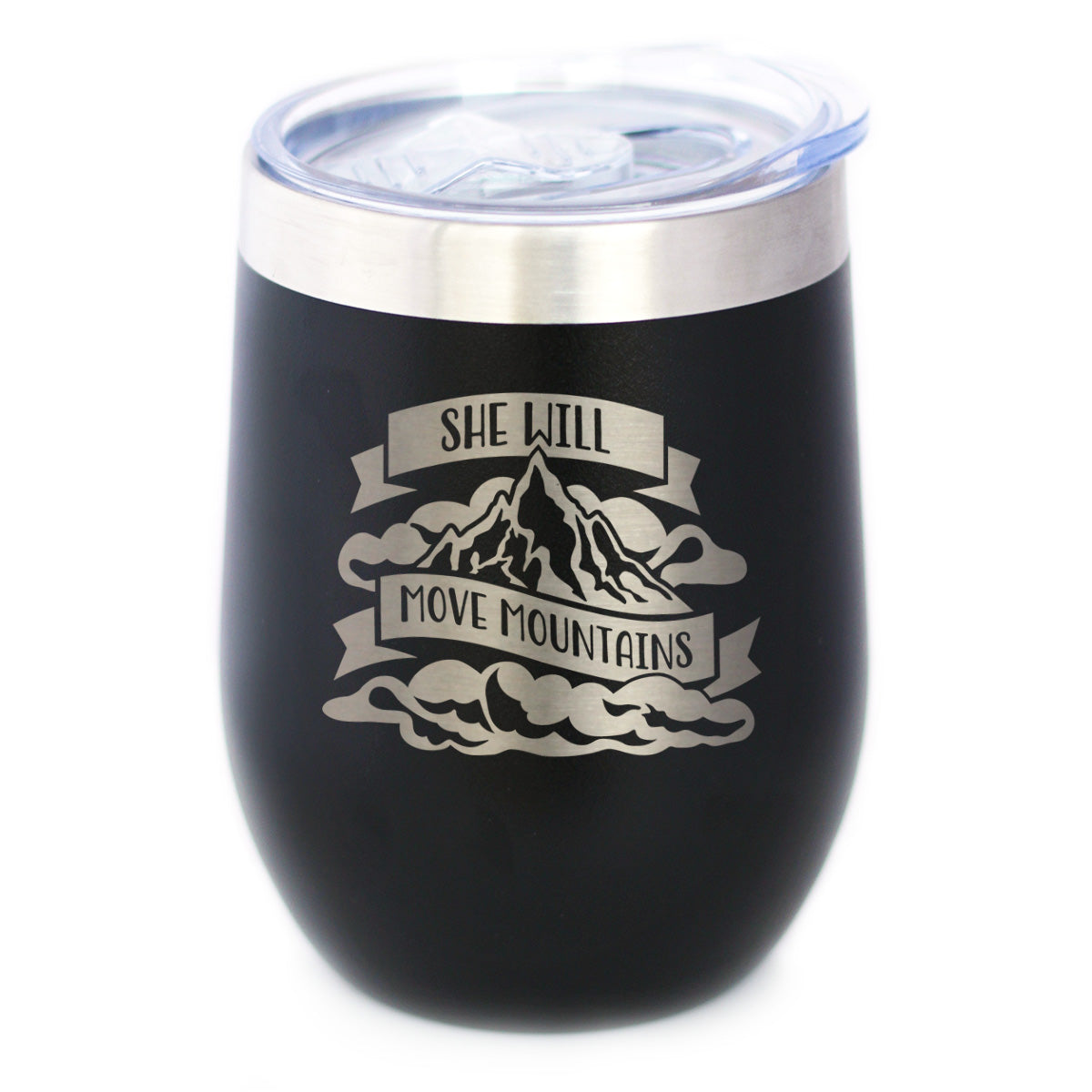 She Will Move Mountains - Wine Tumbler Cup with Sliding Lid - Stainless Steel Insulated Mug - Motivational Inspirational Gifts for Women