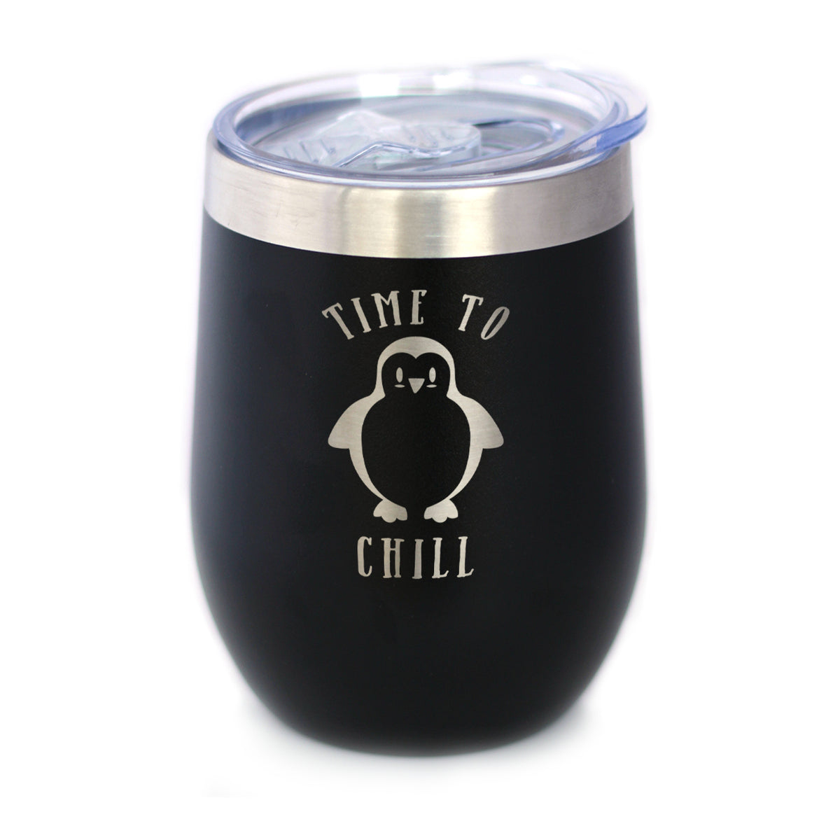Time To Chill - Wine Tumbler Glass with Sliding Lid - Stainless Steel Travel Mug - Cute Penguin Gifts for Women and Men