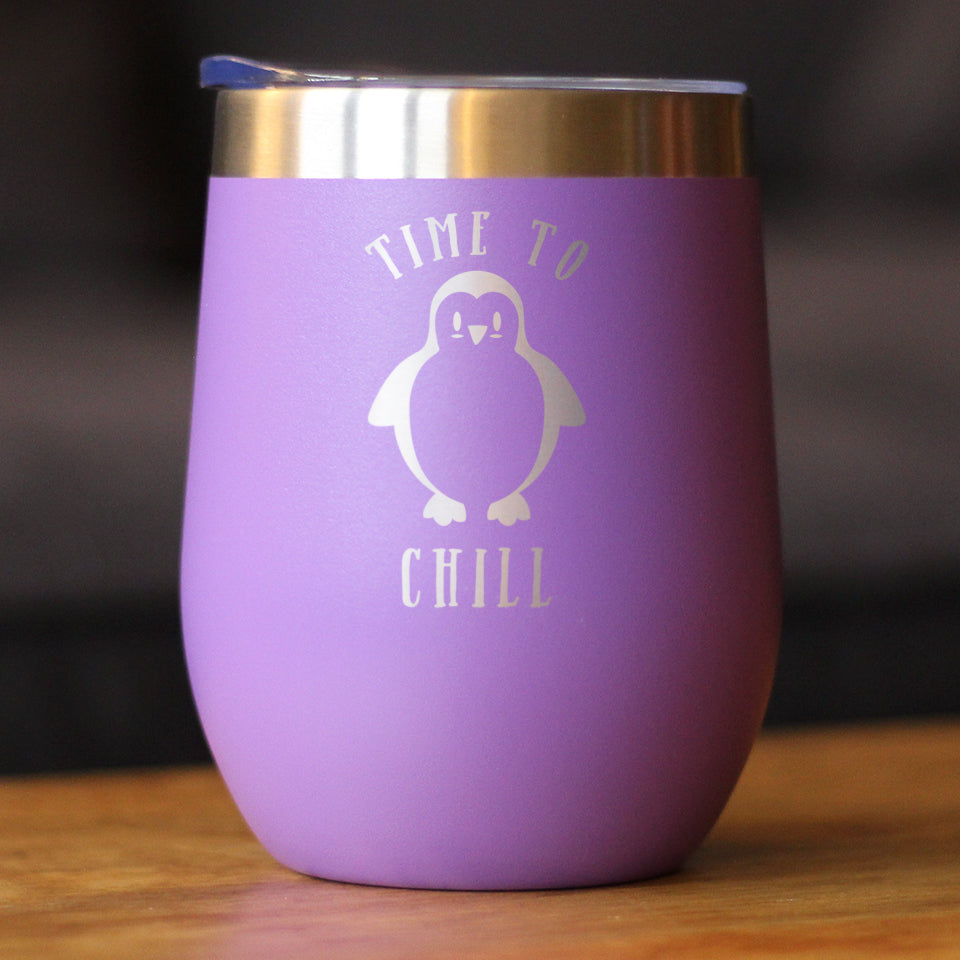 Time To Chill - Wine Tumbler Glass with Sliding Lid - Stainless Steel Travel Mug - Cute Penguin Gifts for Women and Men