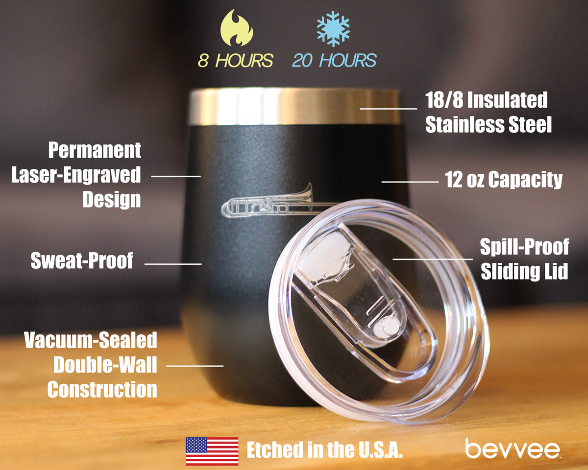 Trombone Insulated Wine Tumbler with Sliding Lid Gifts for Musicians 12oz Stainless Steel Tumbler