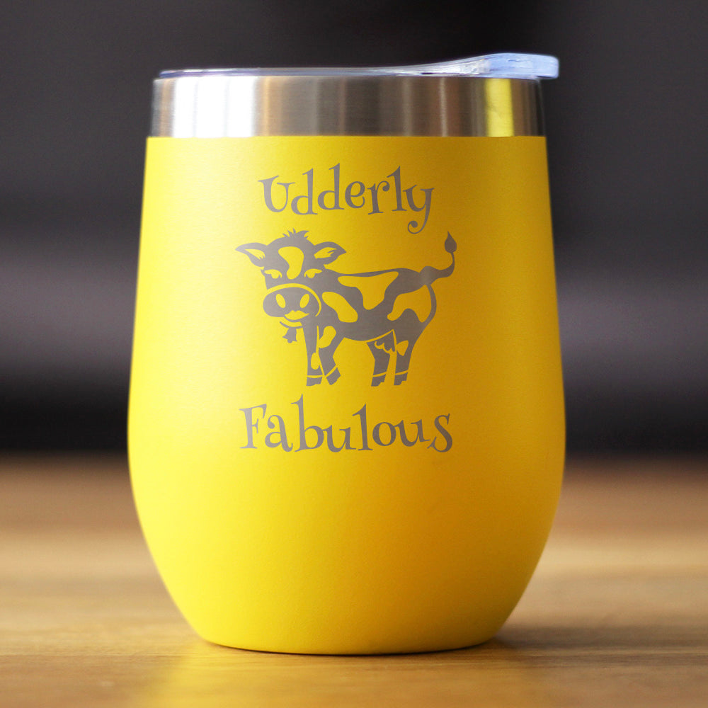 Udderly Fabulous - Cow Wine Tumbler with Sliding Lid - Stemless Stainless Steel Insulated Cup - Funny Outdoor Camping Mug