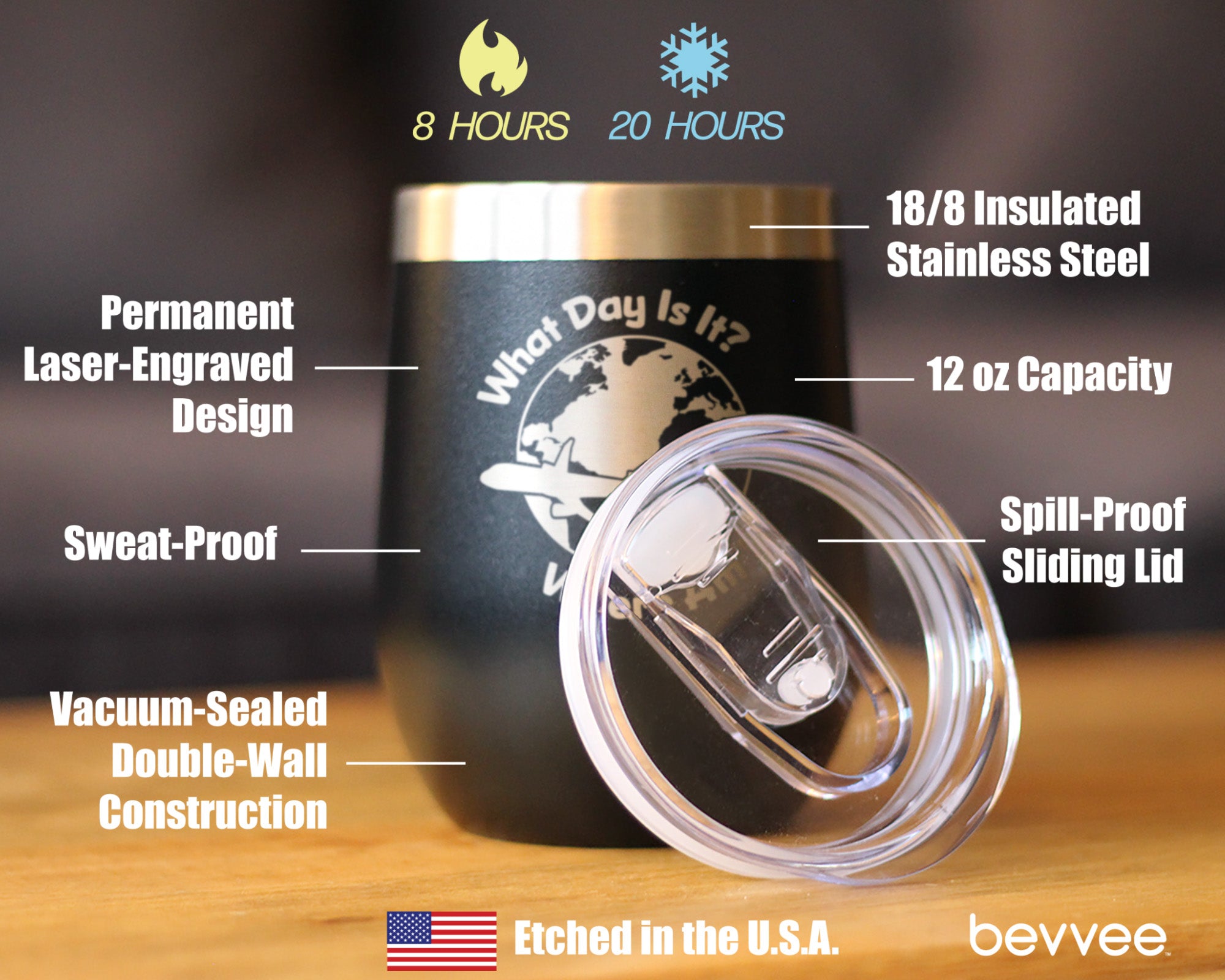 What Day Is It - Wine Tumbler Cup with Sliding Lid - Stainless Steel Insulated Mug - Funny Gifts for Flight Attendants & Pilots