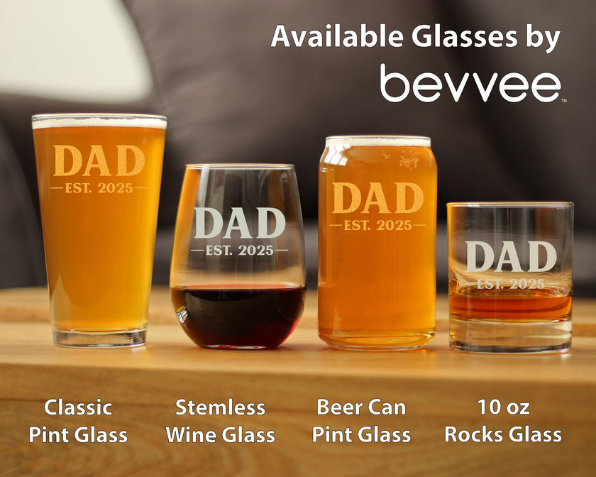 Dad Est 2025 - New Father Stemless Wine Glass Gift for First Time Parents - Bold 17 Oz Large Glasses