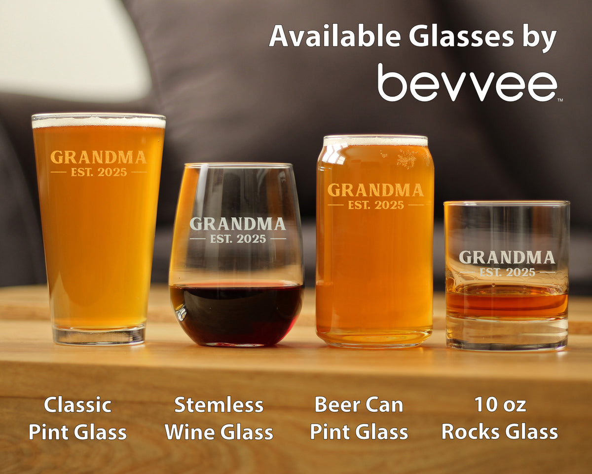 Grandma Est 2025 - New Grandmother Stemless Wine Glass Gift for First Time Grandparents - Bold 17 Oz Large Glasses