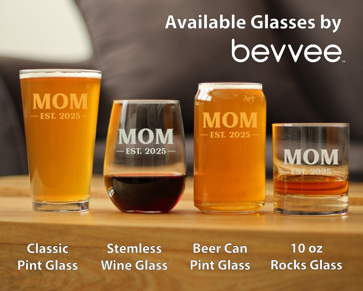 Mom Est 2025 - New Mother Stemless Wine Glass Gift for First Time Parents - Bold 17 Oz Large Glasses