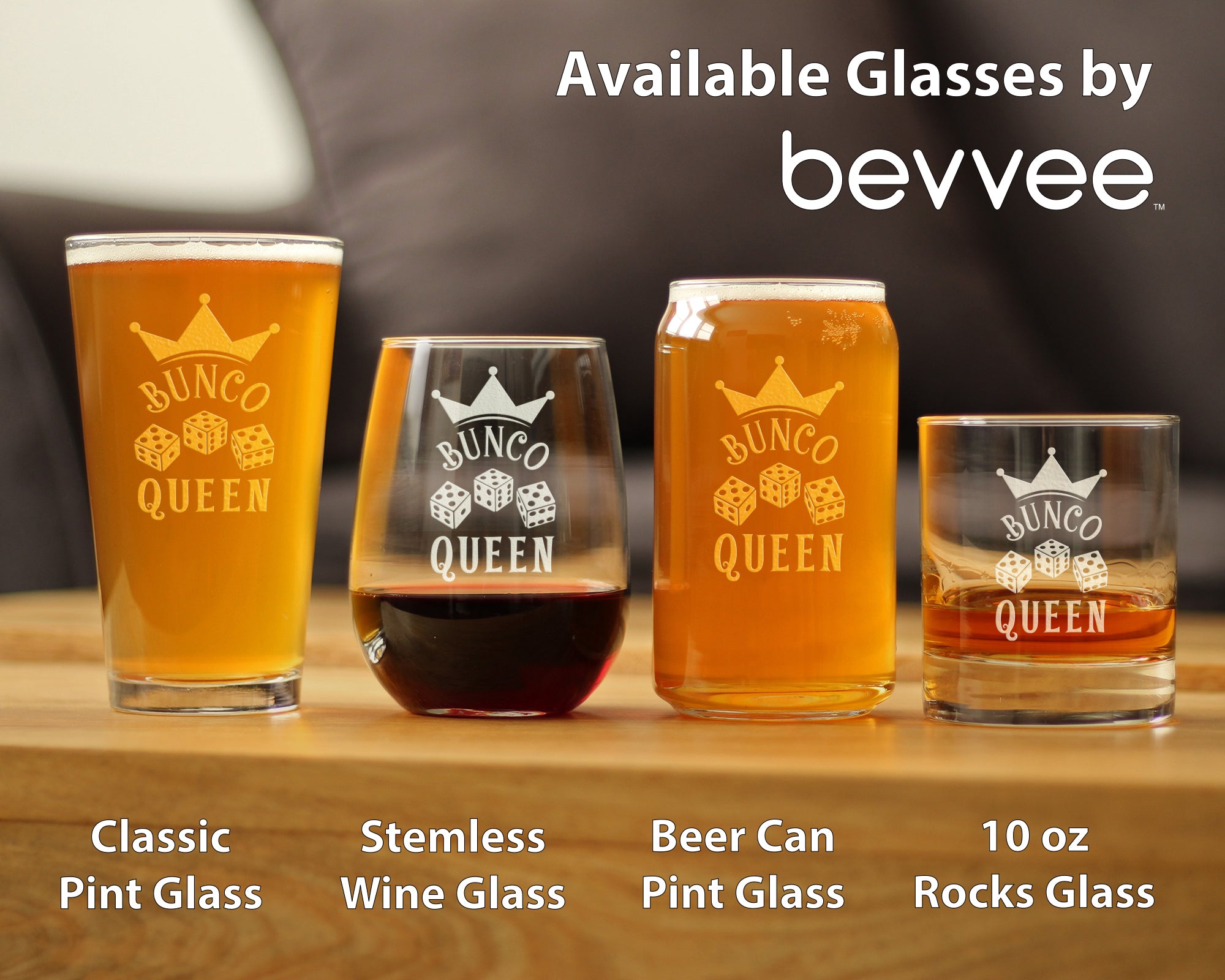 Bunco Queen Beer Can Pint Glass - Bunco Decor and Bunco Gifts for Women - 16 Oz Glasses