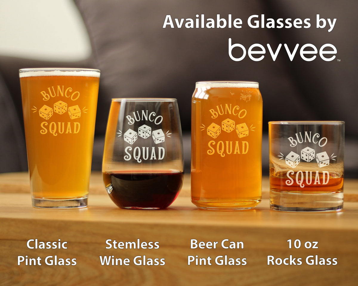 Bunco Squad Pint Glass for Beer - Bunco Decor and Bunco Gifts for Women - 16 Oz Glasses